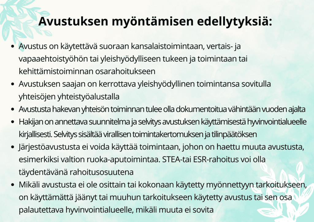 Avustusta voidaan myöntää Rekisteröidyille yleishyödyllisille yhteisöille, jotka toimivat Etelä-Savossa paikallisesti tai alueellisesti Yhteisöille, joiden toiminta ennaltaehkäisee sairauksien tai (1)